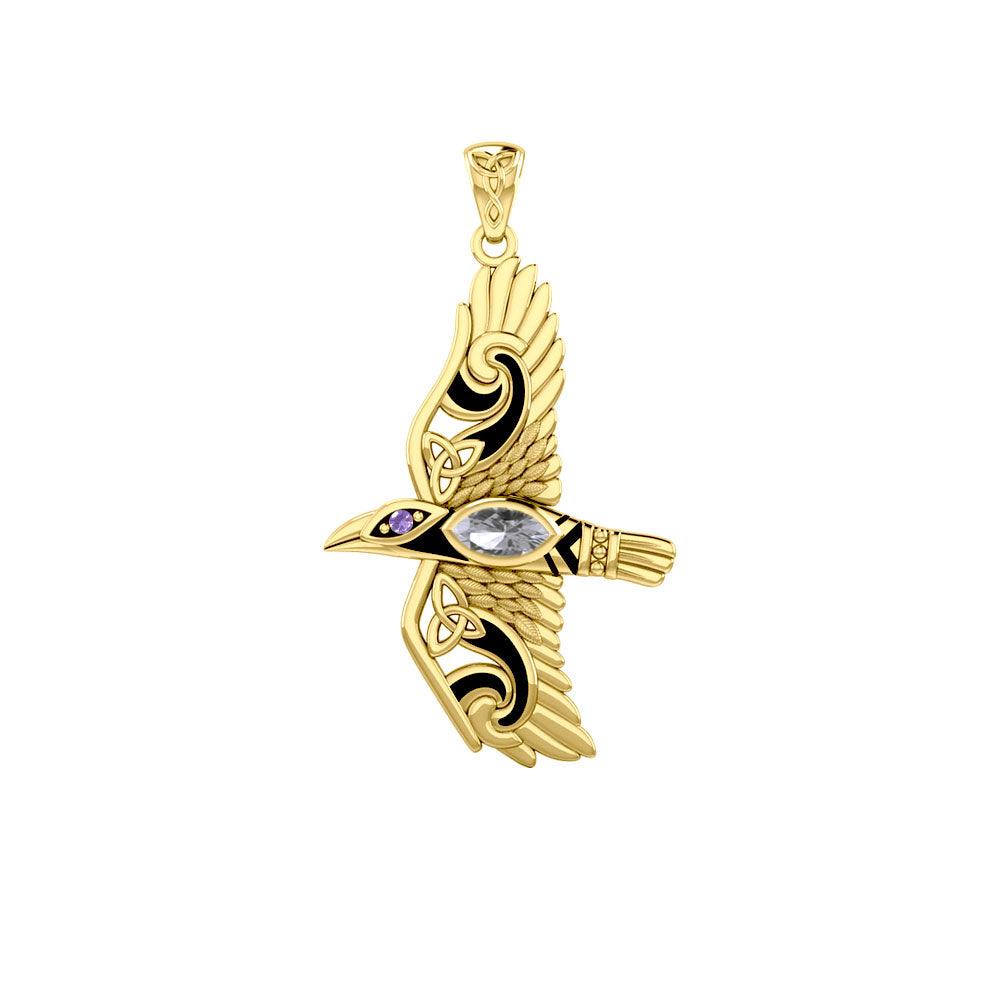 Mythical Raven 14K Yellow Gold Jewelry Pendant with Gemstone GPD5382 - Jewelry