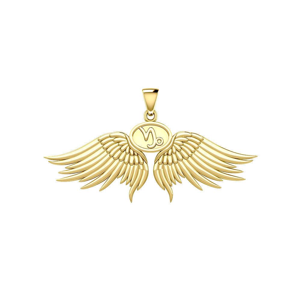 Guardian Angel Wings Solid Gold Pendant with Capricorn Zodiac Sign GPD5512 - Jewelry