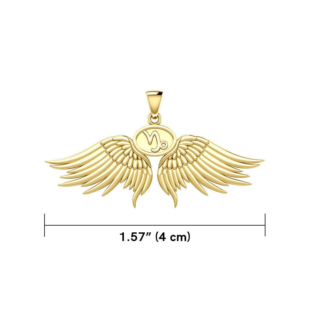Guardian Angel Wings Solid Gold Pendant with Capricorn Zodiac Sign GPD5512 - Jewelry