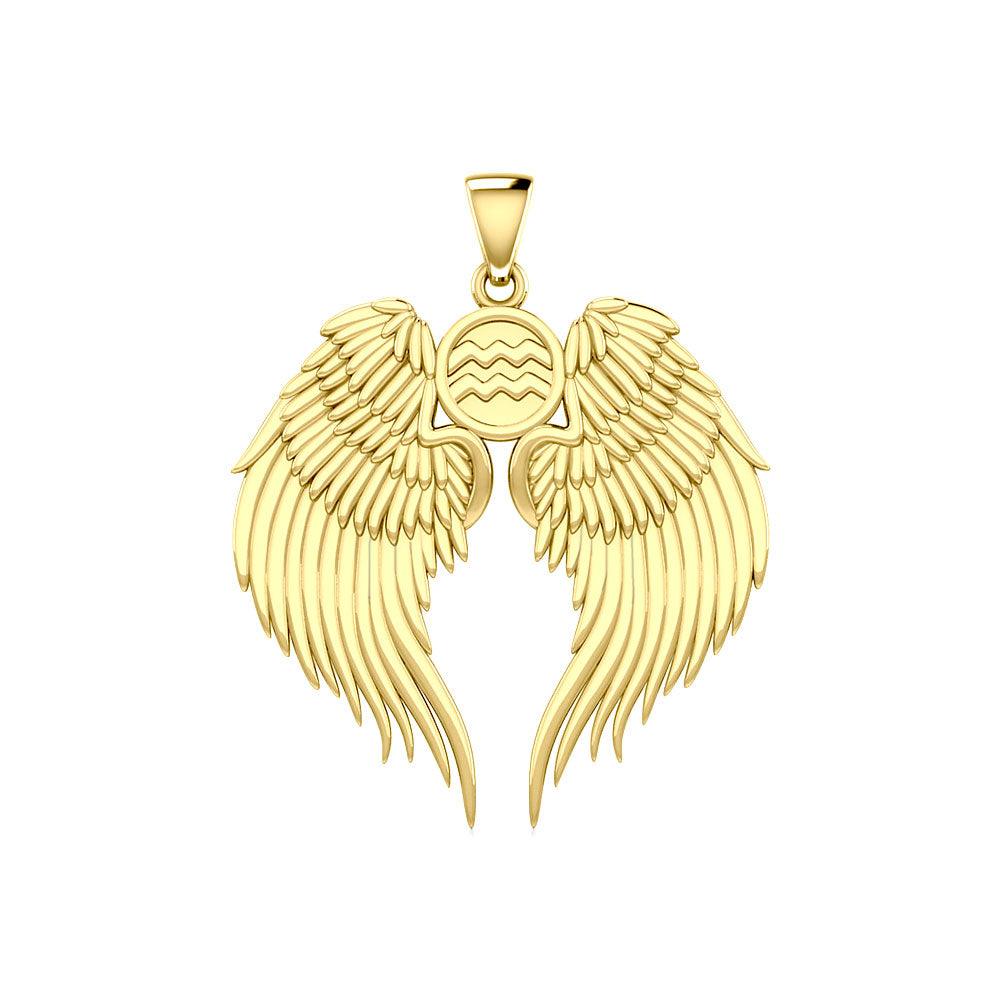 Guardian Angel Wings Solid Gold Pendant with Aquarius Zodiac Sign GPD5513 - Jewelry