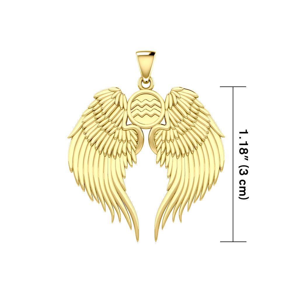 Guardian Angel Wings Solid Gold Pendant with Aquarius Zodiac Sign GPD5513 - Jewelry
