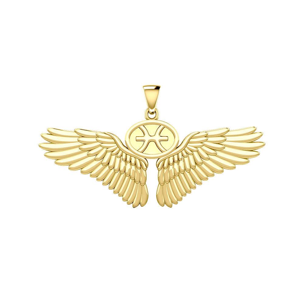 Guardian Angel Wings Solid Gold Pendant with Pisces Zodiac Sign GPD5514 - Jewelry