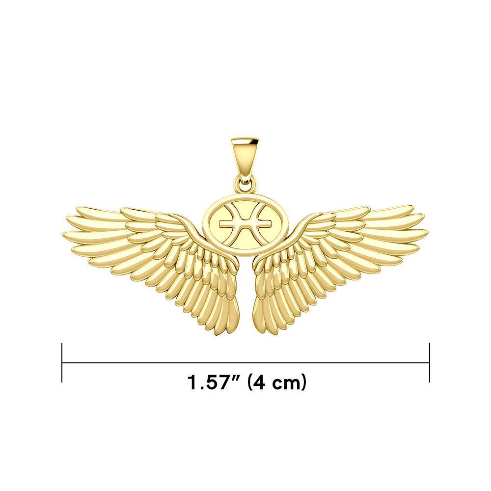 Guardian Angel Wings Solid Gold Pendant with Pisces Zodiac Sign GPD5514 - Jewelry