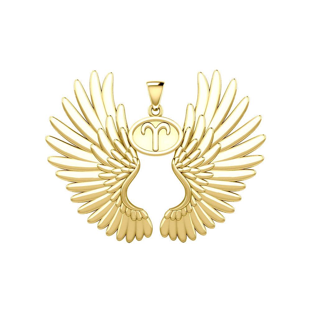 Guardian Angel Wings Solid Gold Pendant with Aries Zodiac Sign GPD5515 - Jewelry