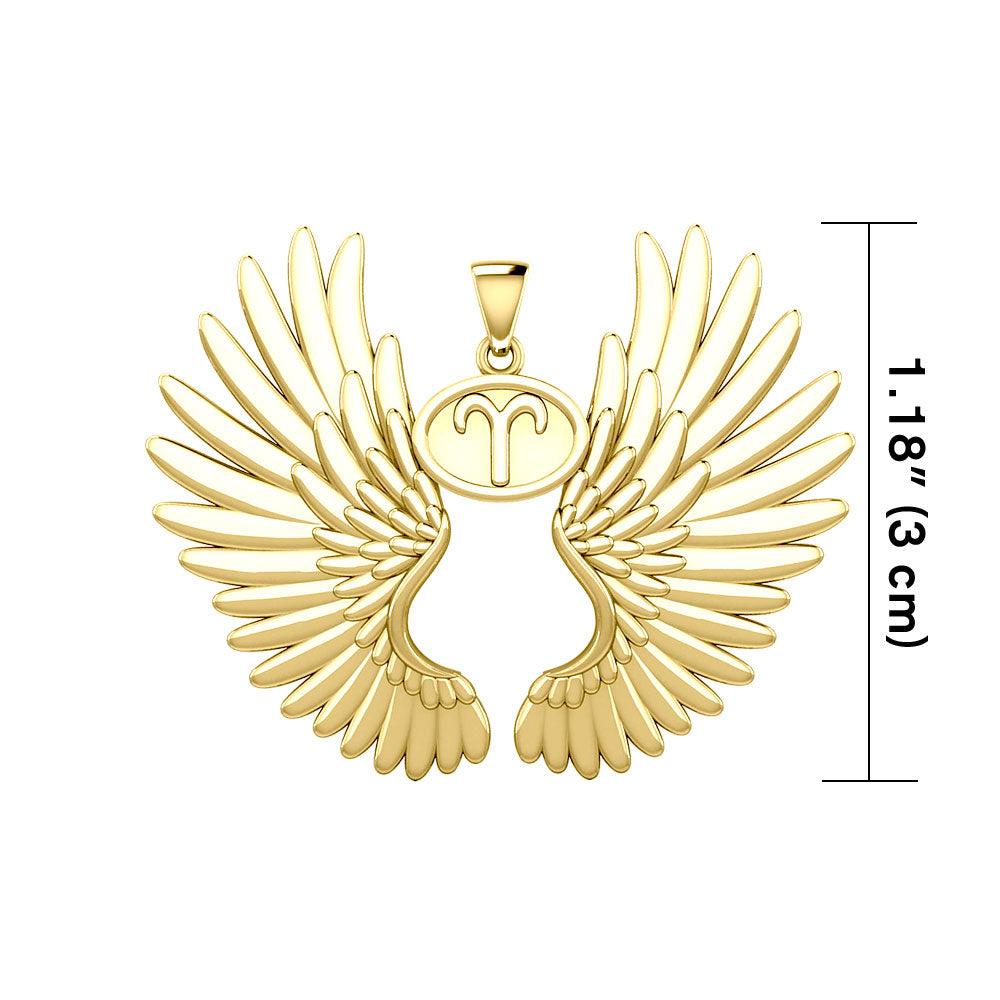 Guardian Angel Wings Solid Gold Pendant with Aries Zodiac Sign GPD5515 - Jewelry
