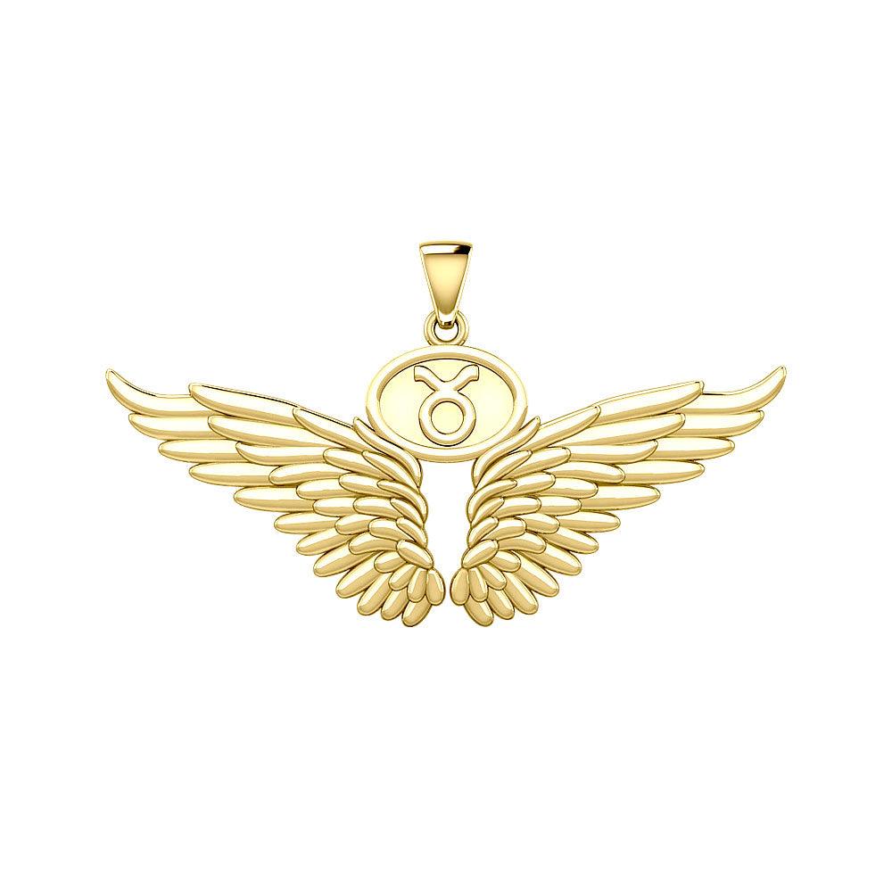 Guardian Angel Wings Solid Gold Pendant with Taurus Zodiac Sign GPD5516 - Jewelry
