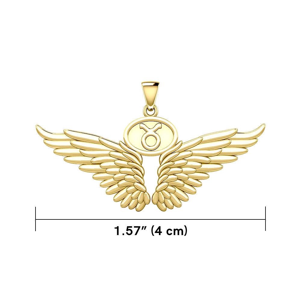 Guardian Angel Wings Solid Gold Pendant with Taurus Zodiac Sign GPD5516 - Jewelry