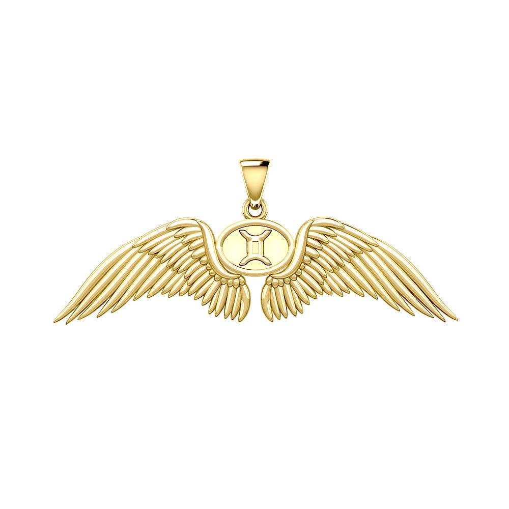 Guardian Angel Wings Solid Gold Pendant with Gemini Zodiac Sign GPD5517 - Jewelry