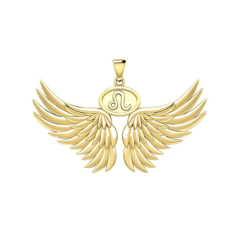Guardian Angel Wings Solid Gold Pendant with Leo Zodiac Sign GPD5519 - Jewelry