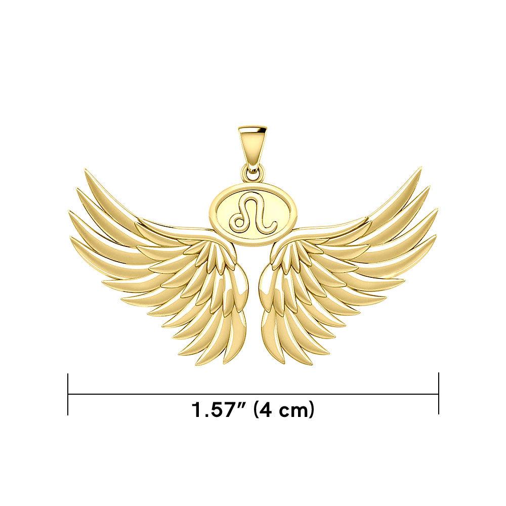 Guardian Angel Wings Solid Gold Pendant with Leo Zodiac Sign GPD5519 - Jewelry