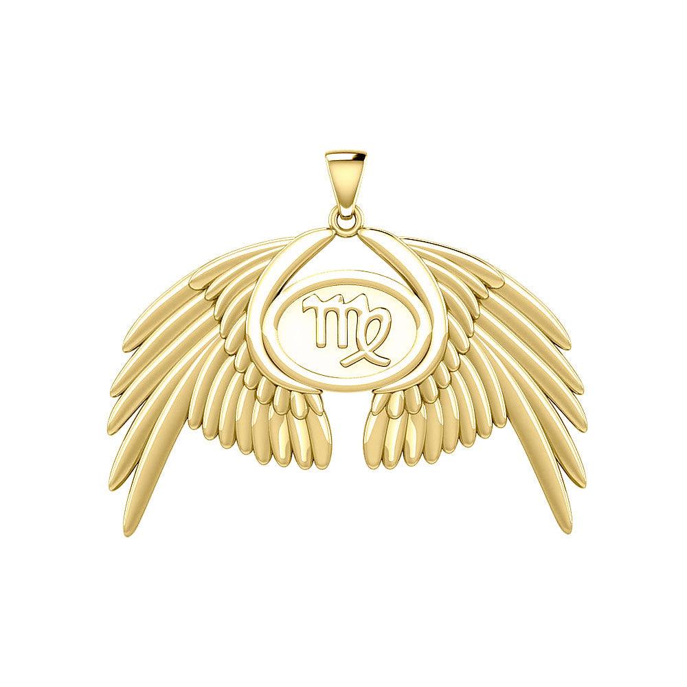 Guardian Angel Wings Solid Gold Pendant with Virgo Zodiac Sign GPD5520 - Jewelry
