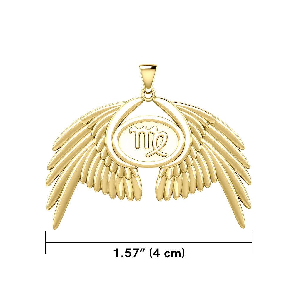 Guardian Angel Wings Solid Gold Pendant with Virgo Zodiac Sign GPD5520 - Jewelry
