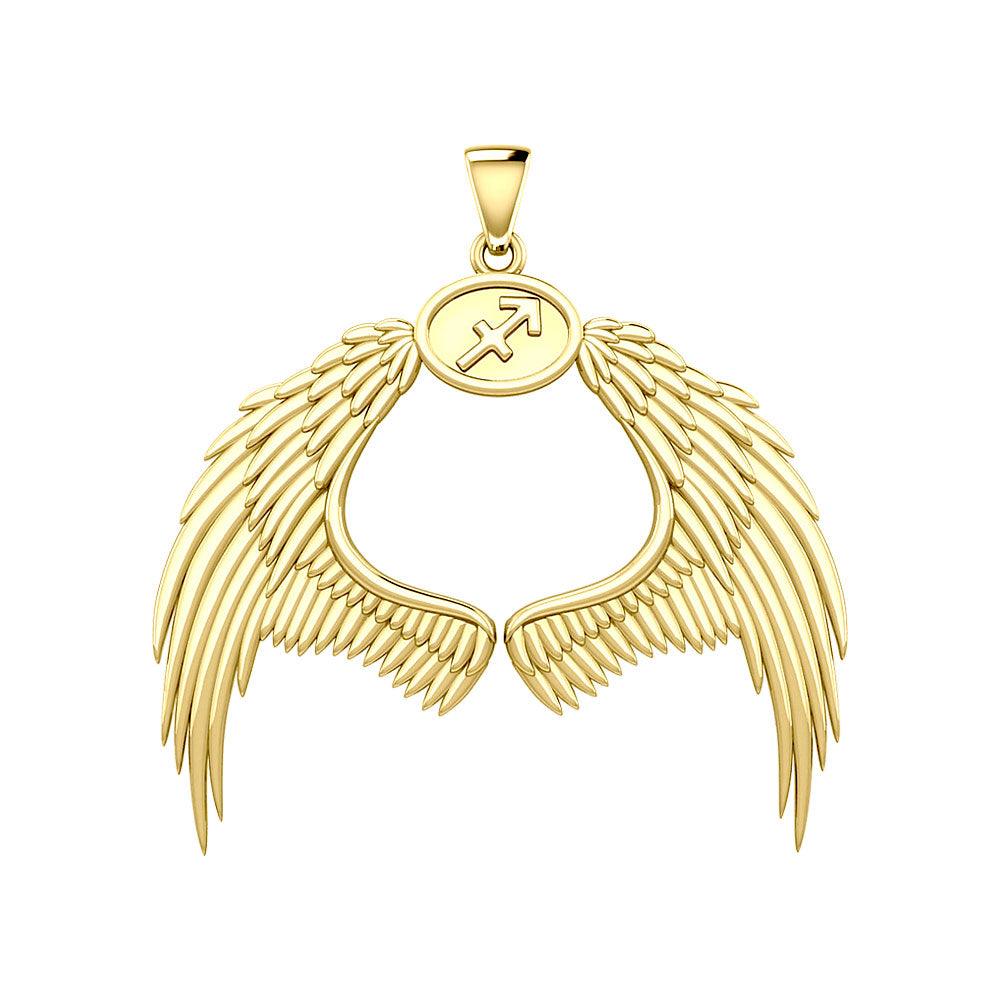 Guardian Angel Wings Solid Gold Pendant with Sagittarius Zodiac Sign GPD5523 - Jewelry