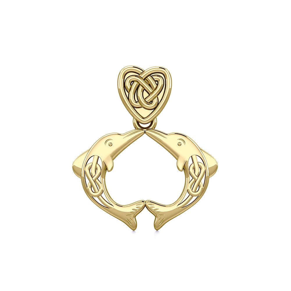 Celtic Double Dolphins with Celtic Heart Bale Solid Gold Pendant GPD5697 - Jewelry