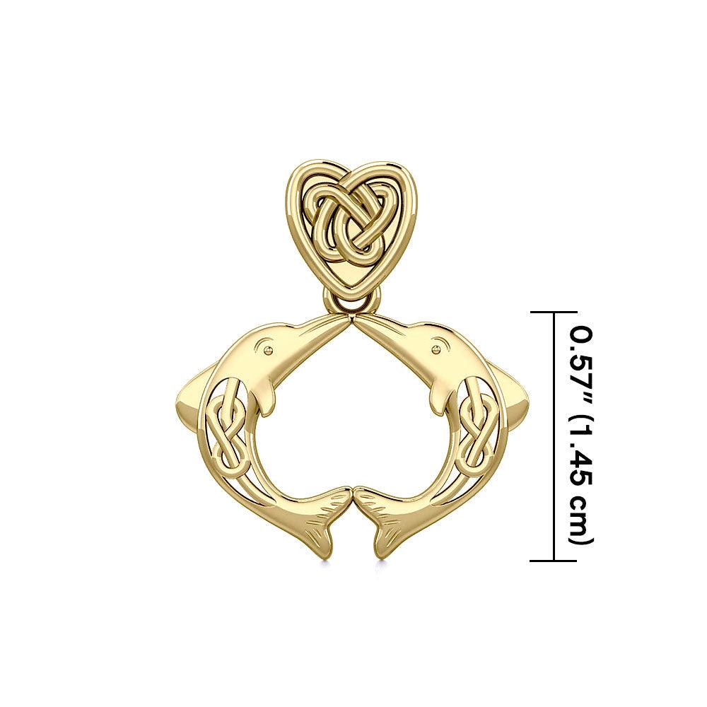 Celtic Double Dolphins with Celtic Heart Bale Solid Gold Pendant GPD5697 - Jewelry