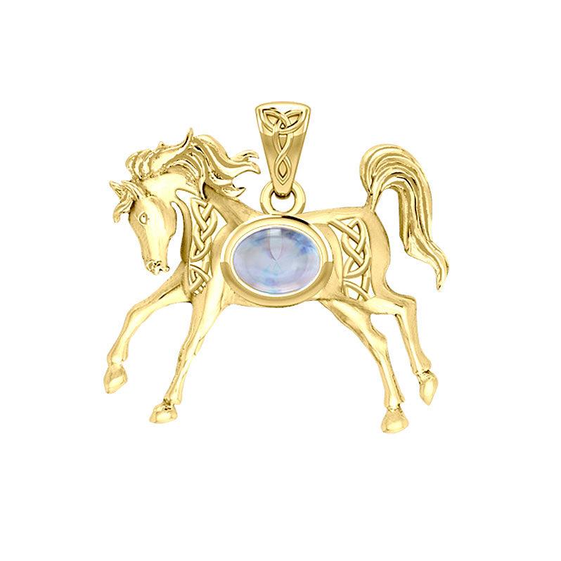 Celtic Running Horse 14K Yellow Gold Pendant with Gem GPD5730 - Jewelry