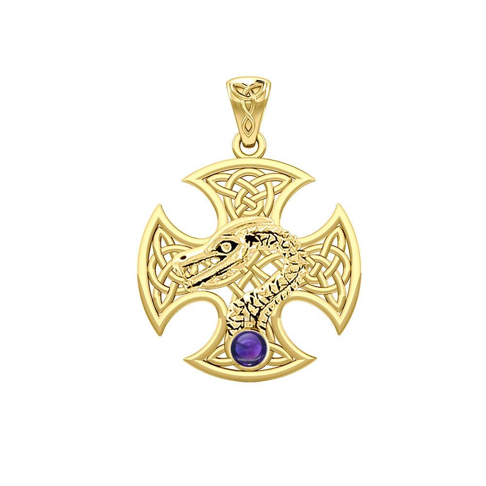 Dragon with Celtic Cross 14K Yellow Gold Pendant GPD5818 - Jewelry
