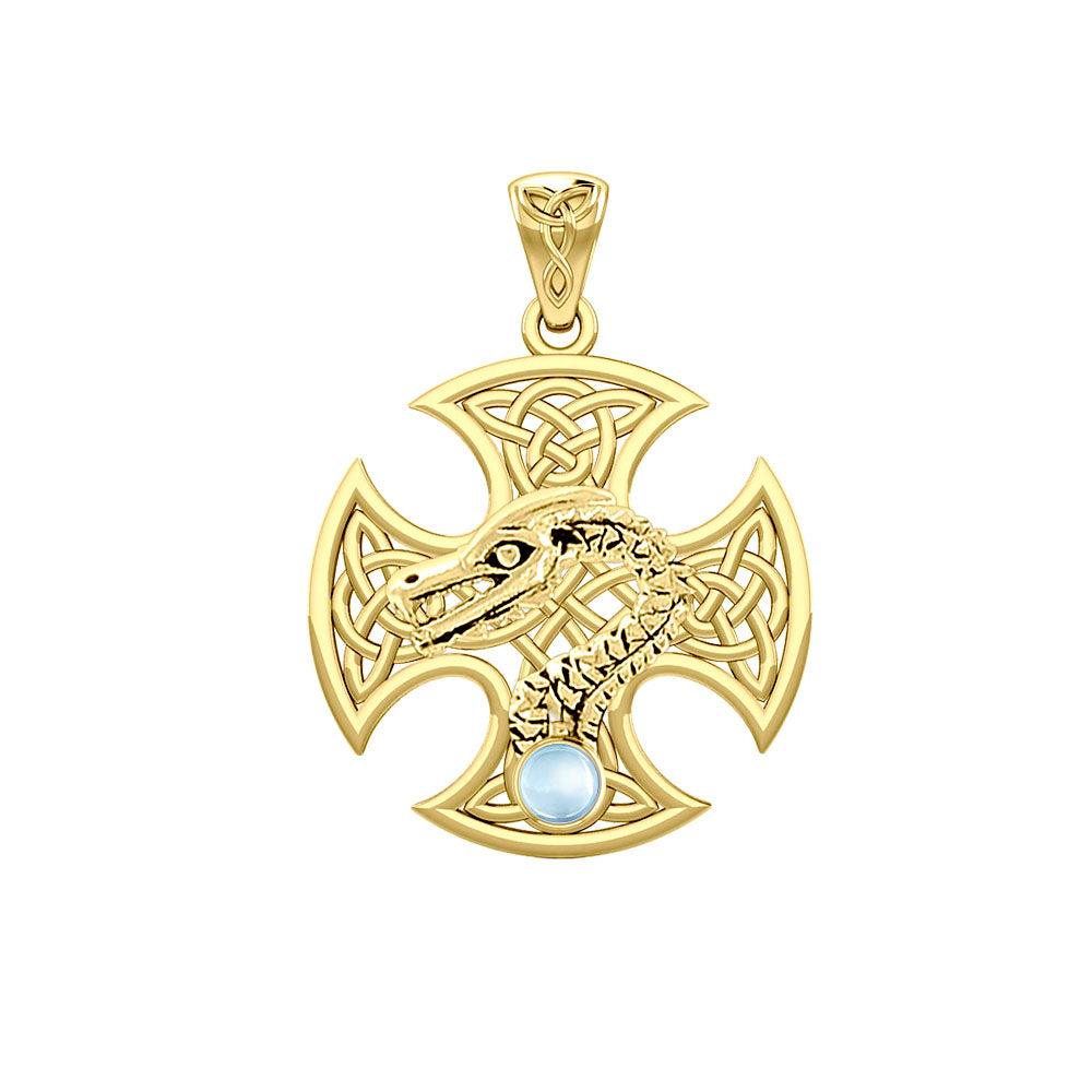 Dragon with Celtic Cross 14K Yellow Gold Pendant GPD5818 - Jewelry