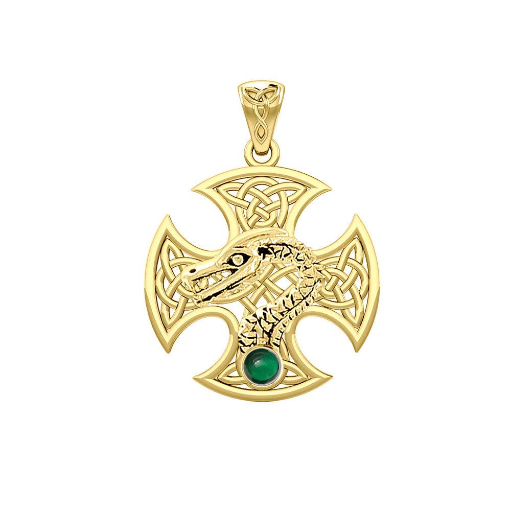 Dragon with Celtic Cross 14K Yellow Gold Pendant GPD5818 - Jewelry