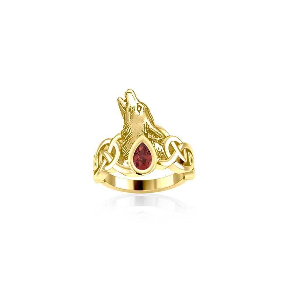 Celtic Howling Wolf 14 Karat Solid Gold Ring with Gem GRI2167 - Jewelry