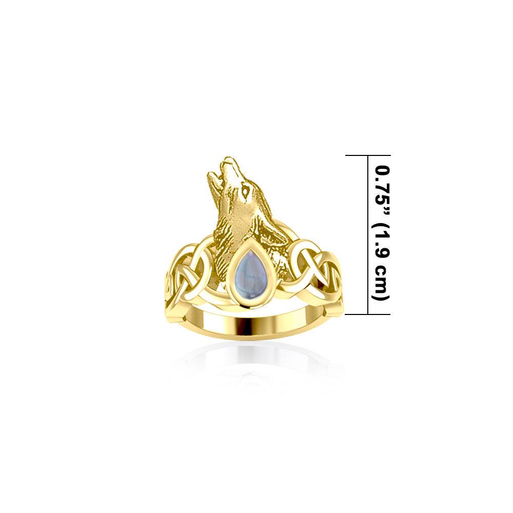 Celtic Howling Wolf 14 Karat Solid Gold Ring with Gem GRI2167 - Jewelry