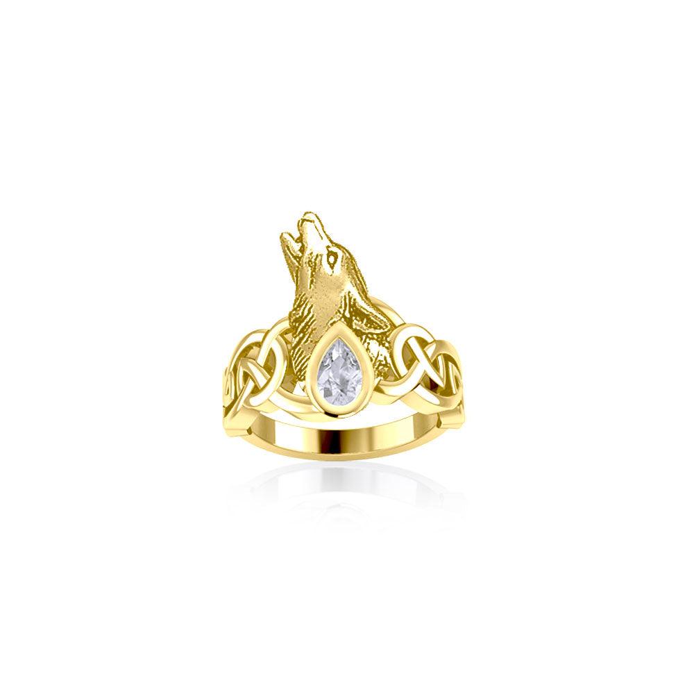 Celtic Howling Wolf 14 Karat Solid Gold Ring with Gem GRI2167 - Jewelry
