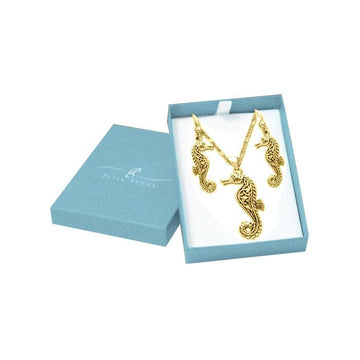 Beautiful as a Seahorse Solid Gold Pendant Chain and Earrings Box Set GSET006 - Jewelry