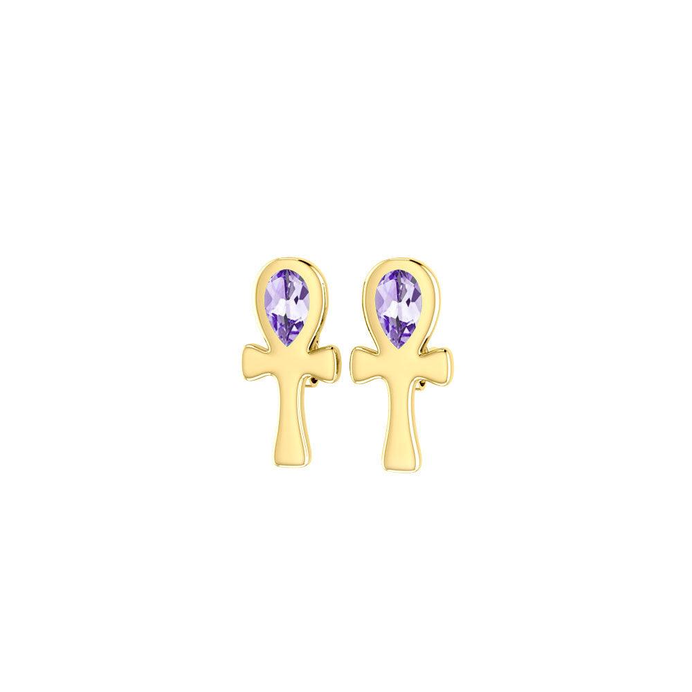 Ankh Spiritual Solid Gold Post Earrings with Gemstone GTE2026 - Jewelry