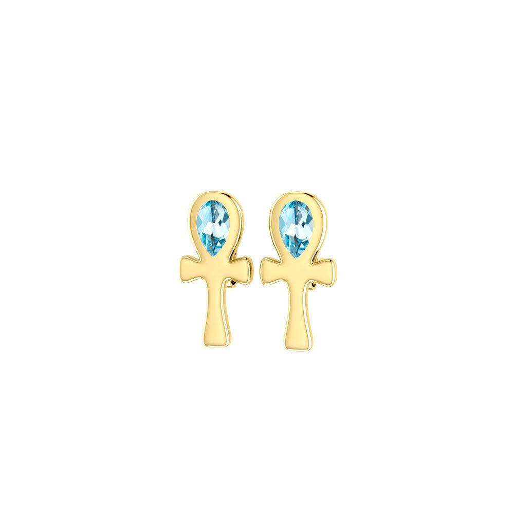 Ankh Spiritual Solid Gold Post Earrings with Gemstone GTE2026 - Jewelry