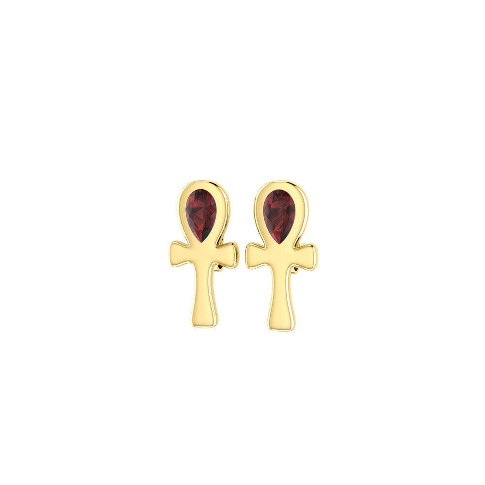 Ankh Spiritual Solid Gold Post Earrings with Gemstone GTE2026 - Jewelry