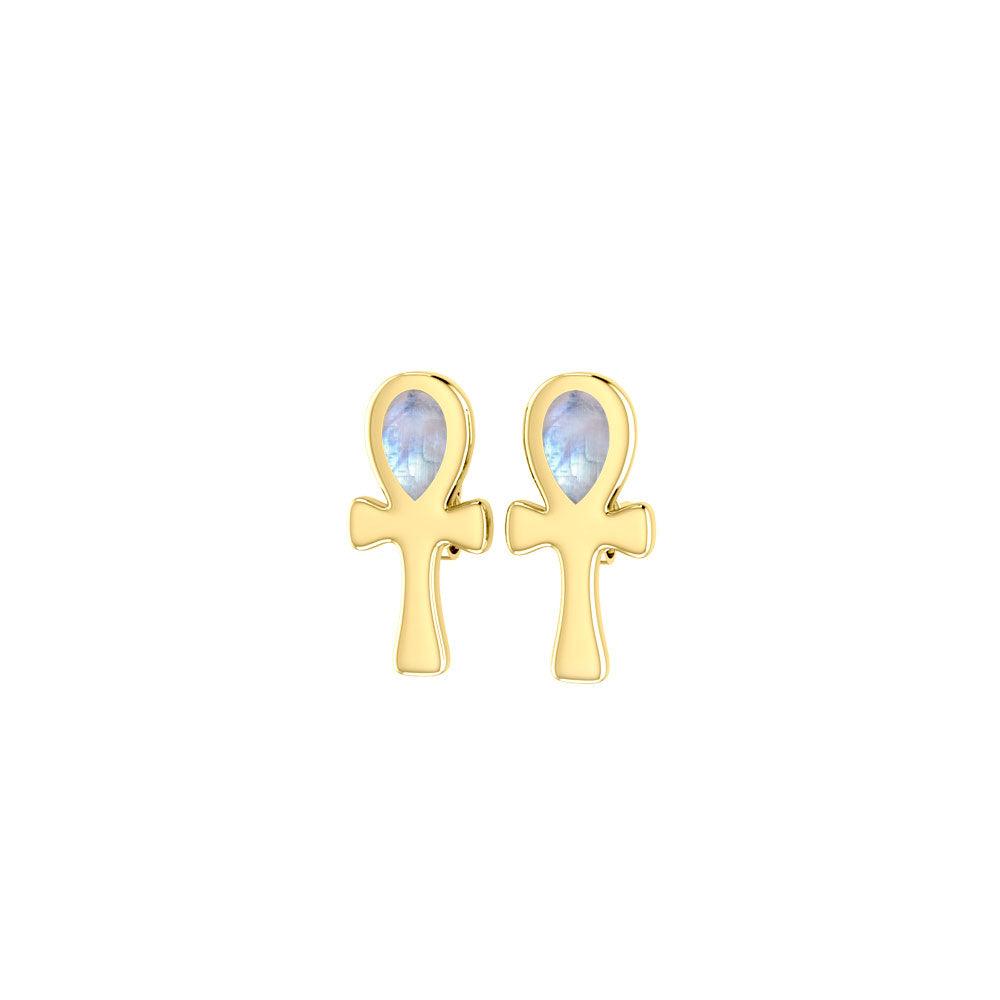 Ankh Spiritual Solid Gold Post Earrings with Gemstone GTE2026 - Jewelry