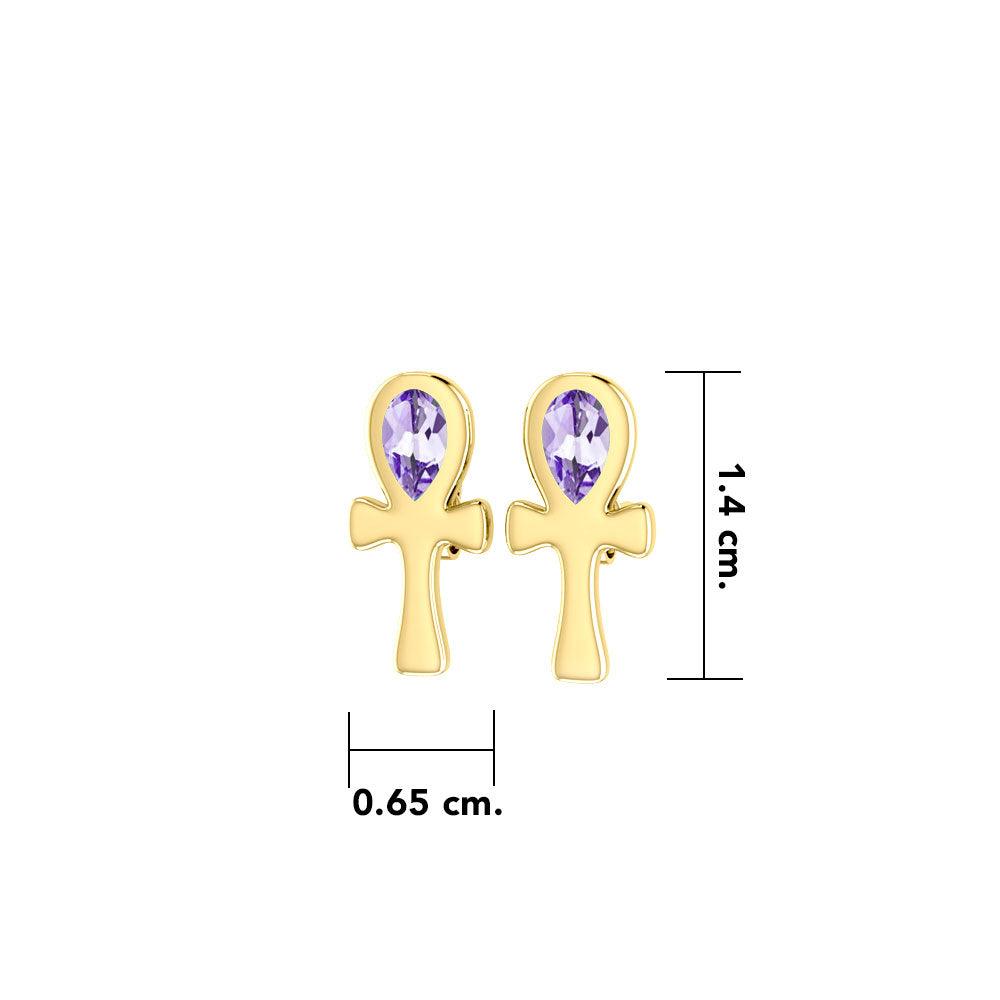 Ankh Spiritual Solid Gold Post Earrings with Gemstone GTE2026 - Jewelry