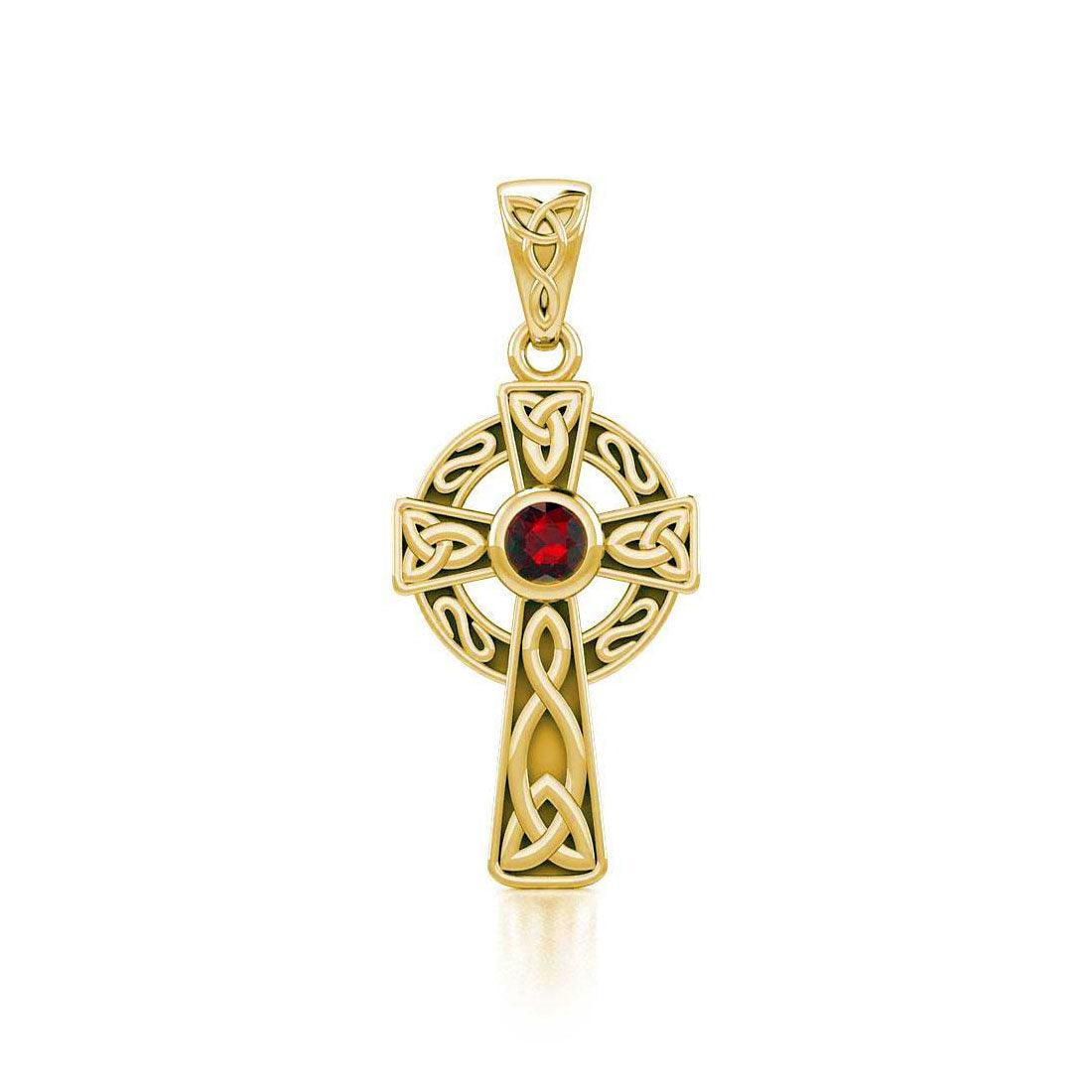 Celtic Knotwork Cross Solid Gold Pendant with Gem GTP1412 - Jewelry