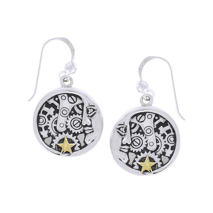 Moon Face Steampunk Silver and Gold Earrings MER1360 - Jewelry