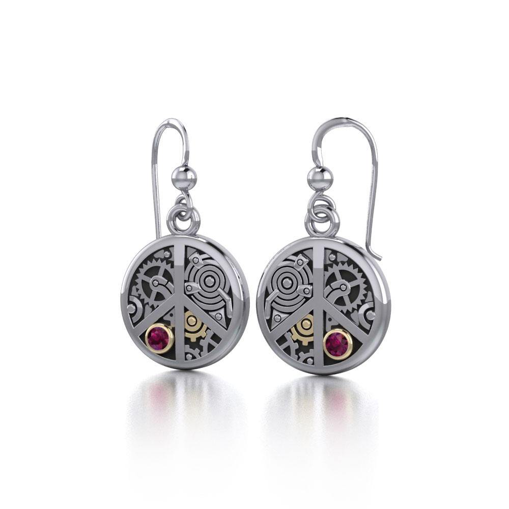 Peace Sign Steampunk Silver and 14K Gold Accent Earrings MER1373 - Jewelry