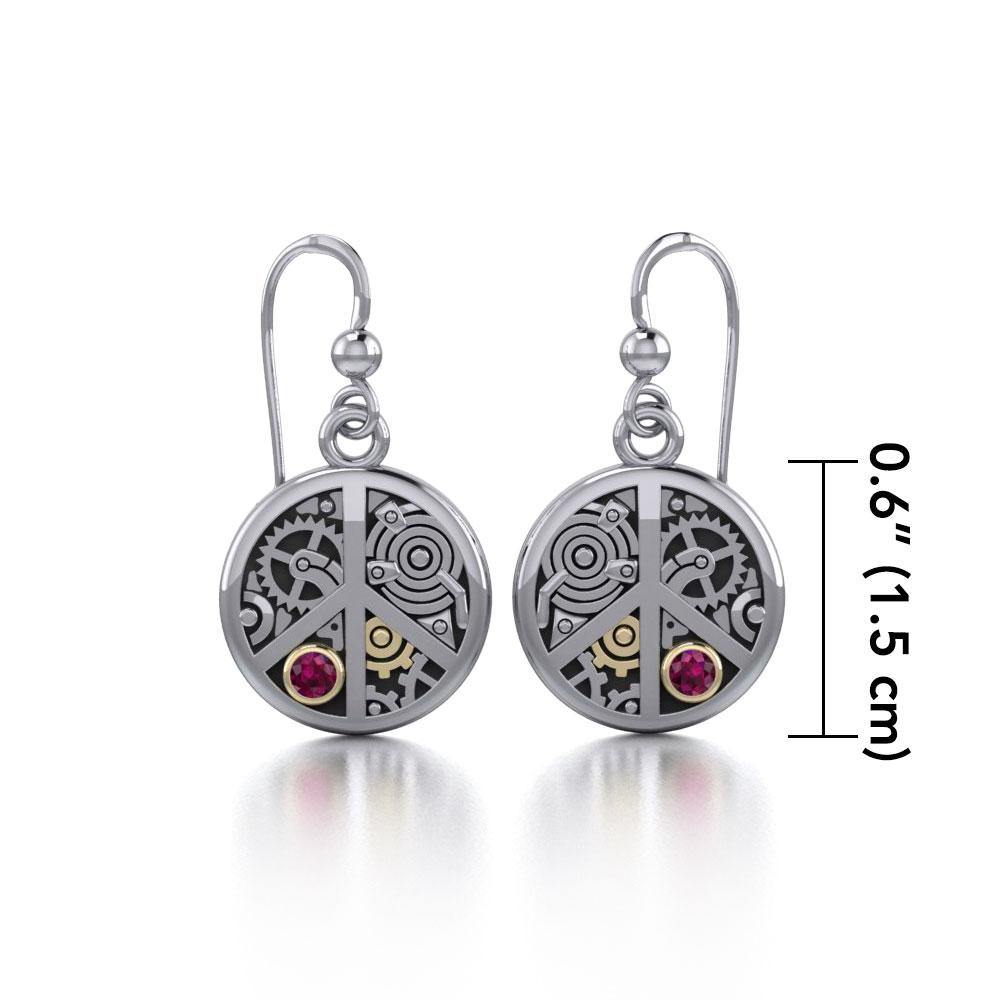 Peace Sign Steampunk Silver and 14K Gold Accent Earrings MER1373 - Jewelry