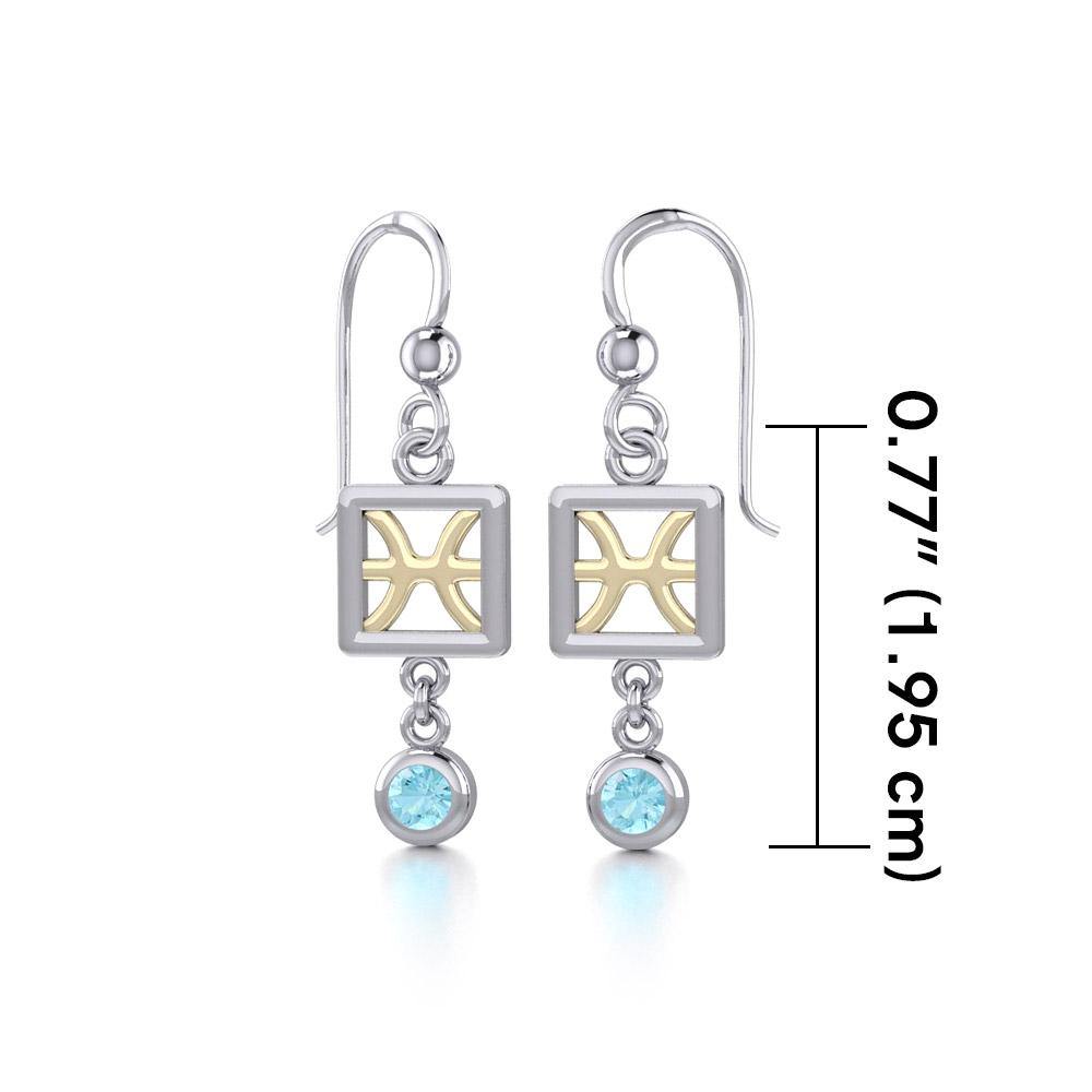 Pisces Zodiac Sign Silver and Gold Earrings Jewelry with Aquamarine MER1768 - Jewelry