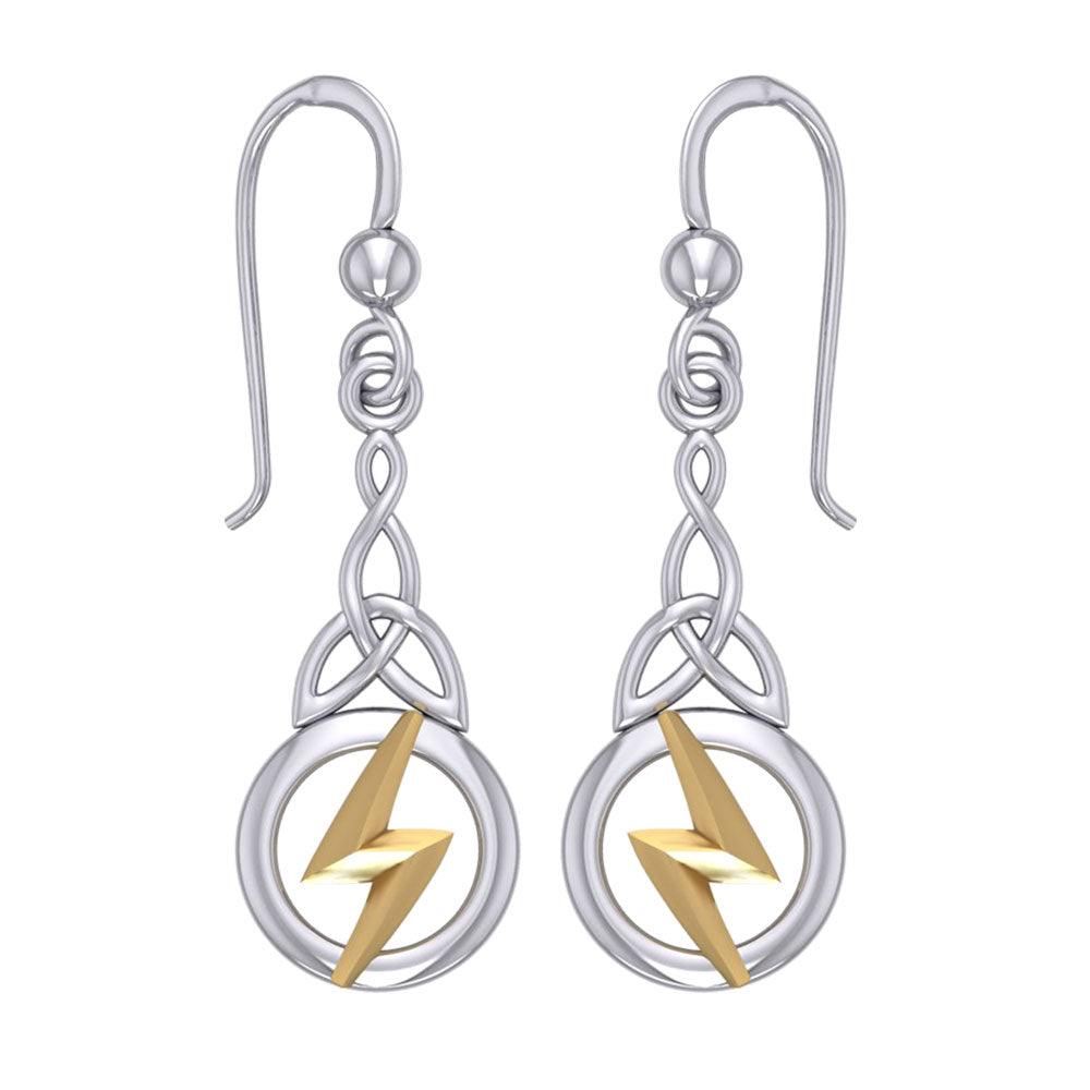 Zeus God Lightning Bolt with Celtic Trinity Knot Silver and Gold Earrings MER1966 - Jewelry
