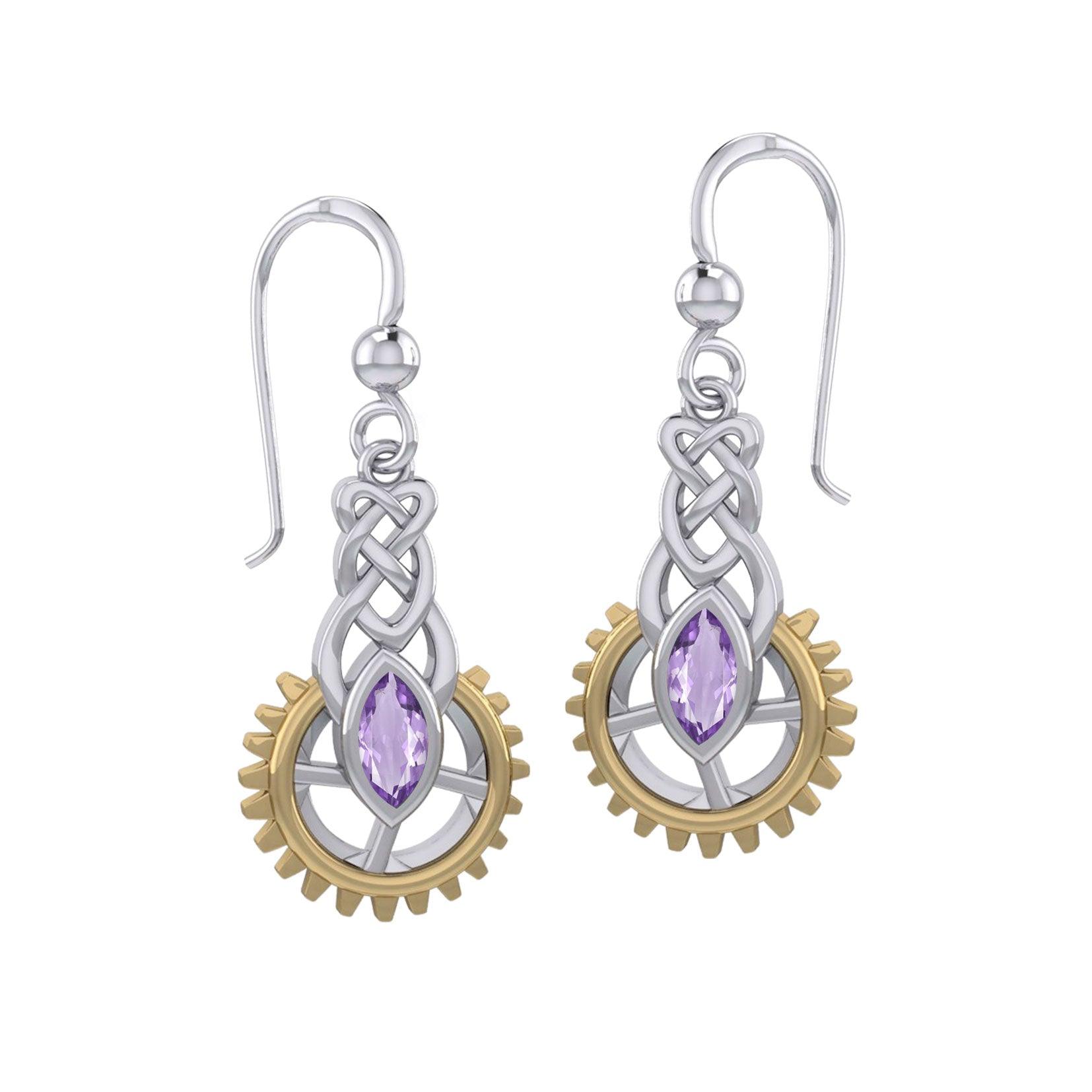 Steampunk Celtic Silver and Gold Accent Earrings with Marquise Gemstone MER2118 - Jewelry