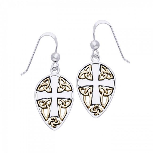 Celtic Knot Cross Shield Gold Accent Silver Earrings MER471 - Jewelry