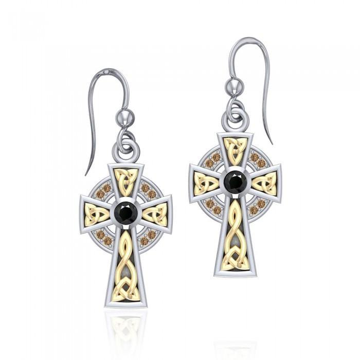 An honorable symbol of faith ~ Sterling Silver Jewelry Celtic Cross Hook Earrings with 18k Gold accent MER701 - Jewelry