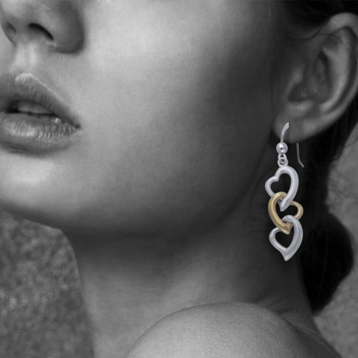 Triple Heart Silver and 14K Gold accents Earrings MER966 - Jewelry