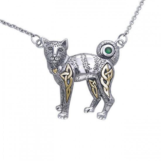 Celtic Cat Silver and Gold Accent Necklace MNC047 - Jewelry