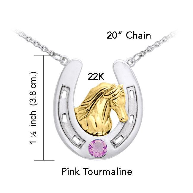 Friesian Horse in Horseshoe Silver and 22K Gold Plate Necklace MNC124 - Jewelry