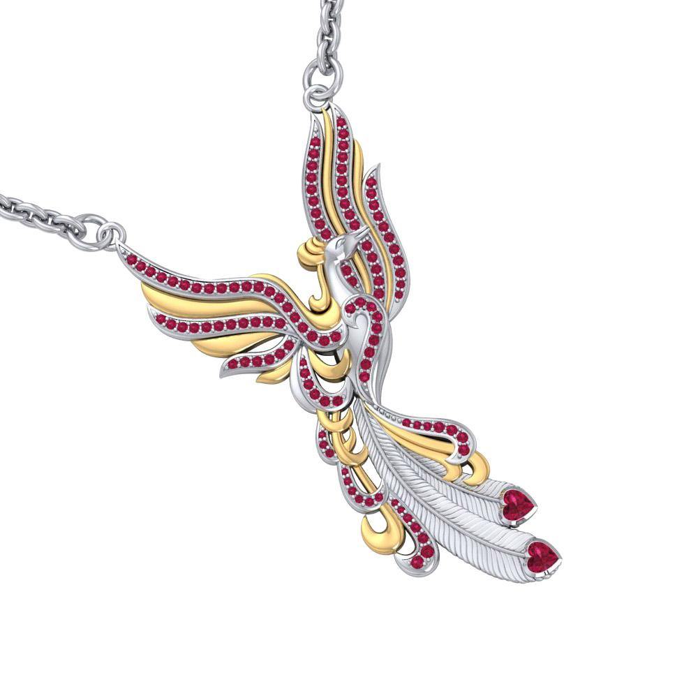 Mythical Phoenix arise! ~ Sterling Silver Jewelry Necklace with 14k Gold and Gemstone Accents MNC221 - Jewelry