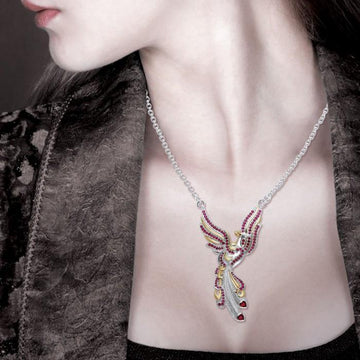 Mythical Phoenix arise! ~ Sterling Silver Jewelry Necklace with 14k Gold and Gemstone Accents MNC221 - Jewelry
