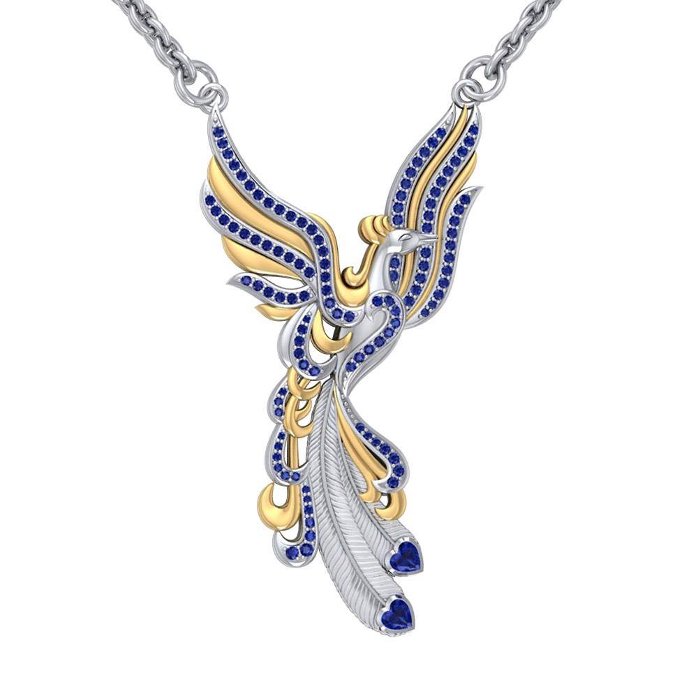 Mythical Phoenix arise! ~ Sterling Silver Jewelry Necklace with 14k Gold and Gemstone Accents MNC221 - Jewelry