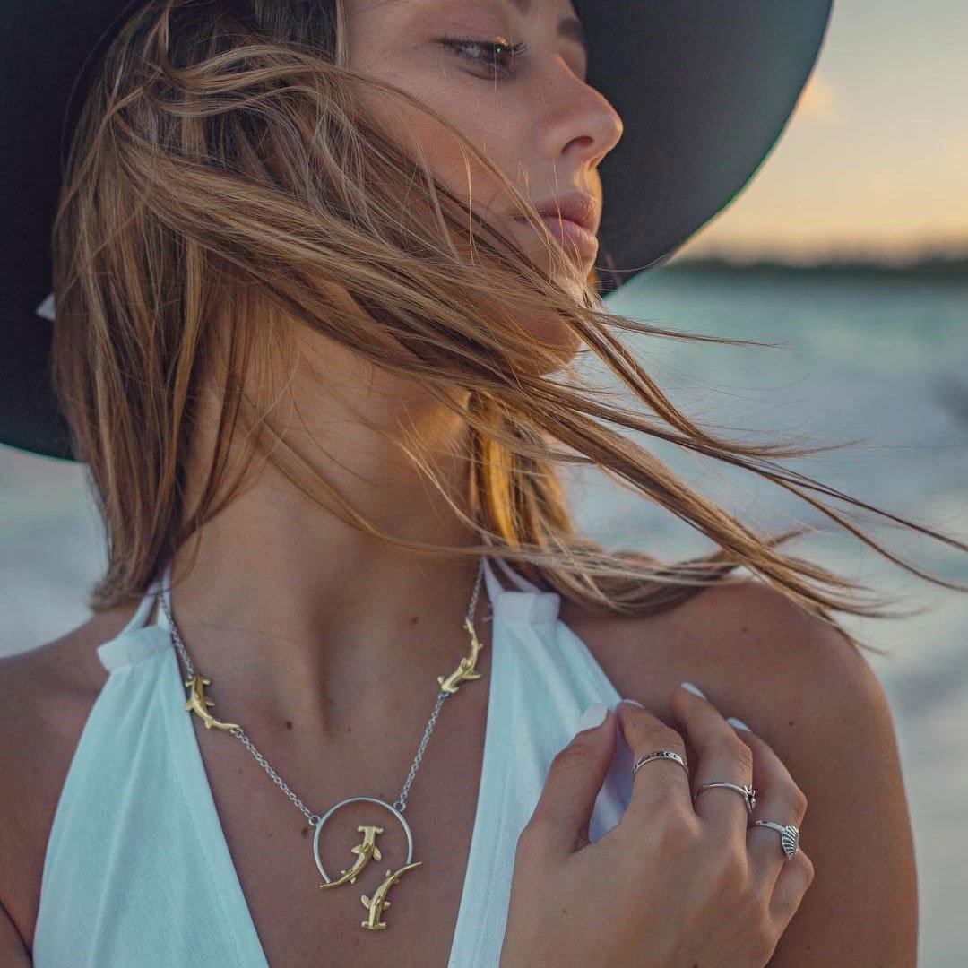 Quadruple Hammerhead Shark Sterling Silver and 14K Gold Accent Necklace MNC296 - Jewelry