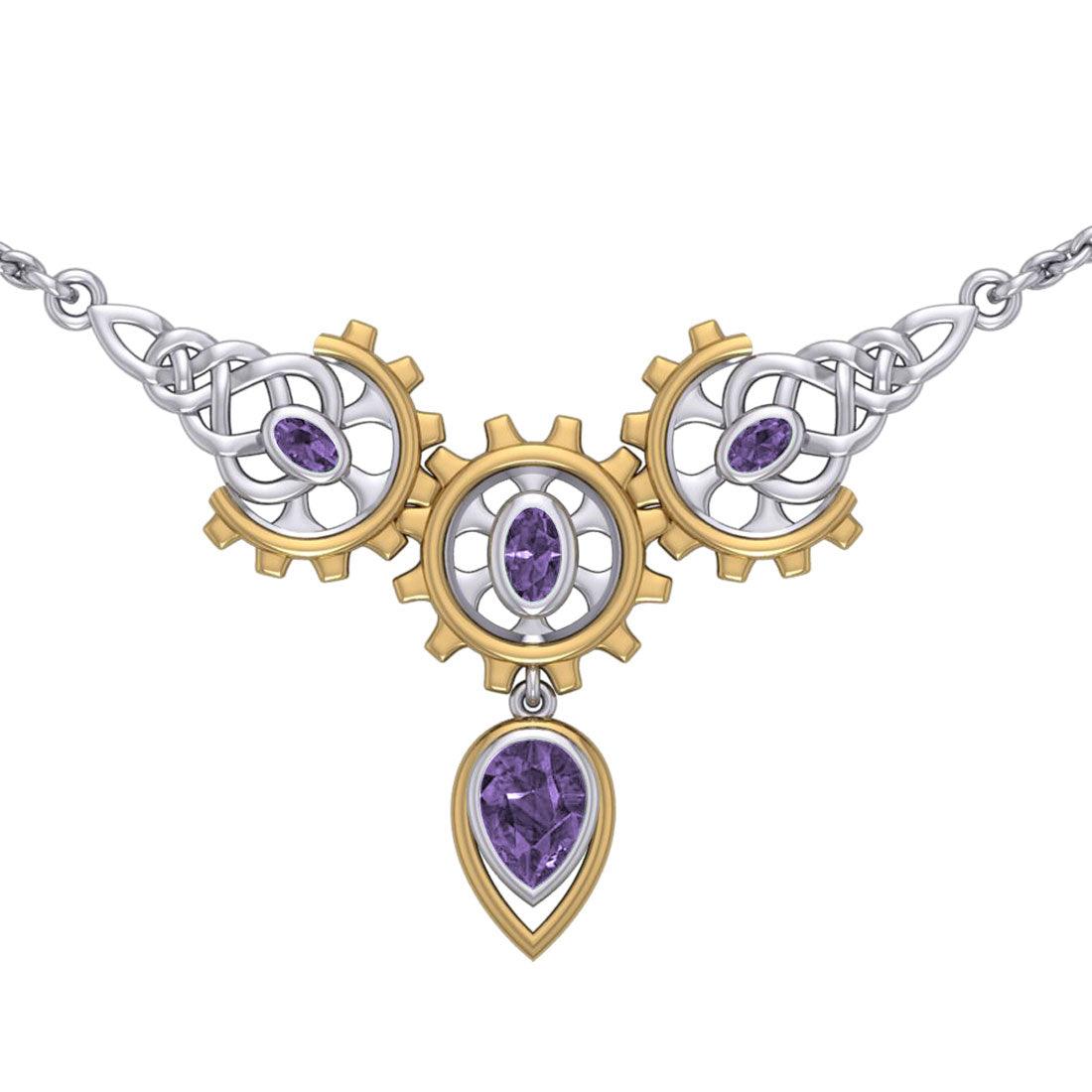 Steampunk Celtic Silver and Gold Accent Necklace with Gemstone MNC550 - Jewelry
