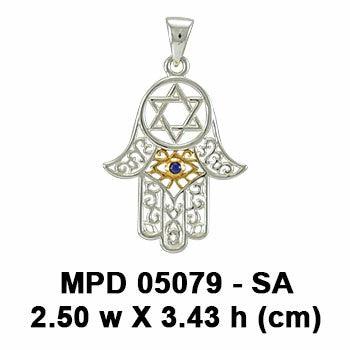 Hamsa Silver and Gold Pendant with Gemstone MPD5079 - Jewelry